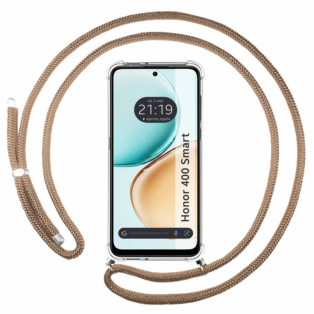 Un smartphone con una funda transparente y una correa de cuerda marrón. El teléfono muestra la hora 21:19. La marca es Honor 400 Smart.