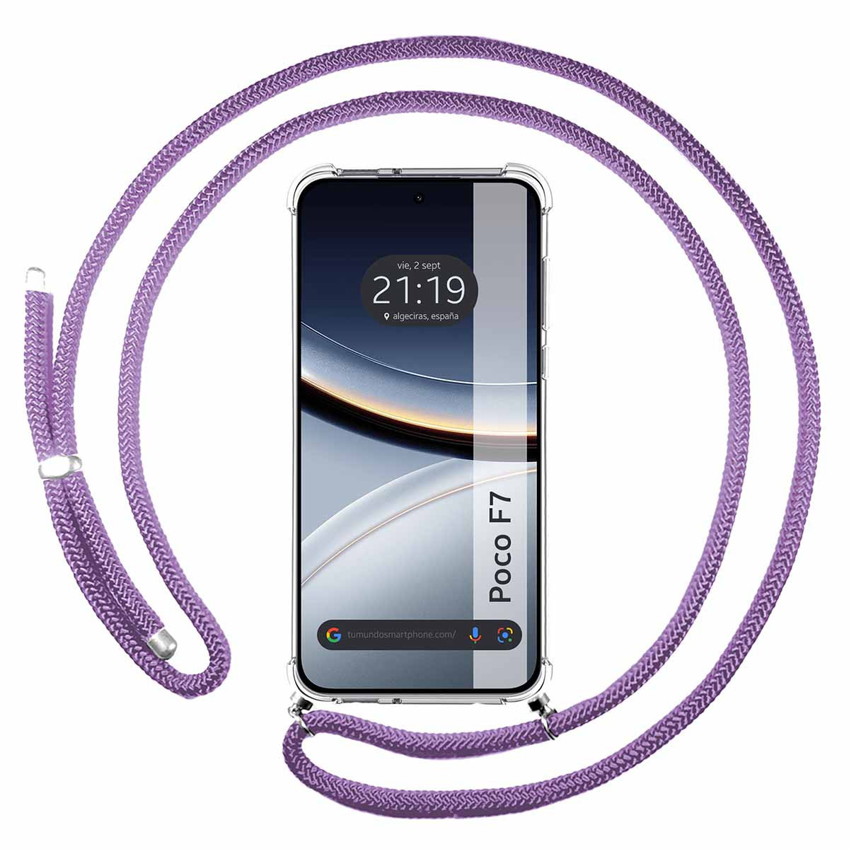 Viene visualizzato uno smartphone con custodia trasparente e cordino viola. Lo schermo mostra l'ora, la data e un indirizzo web.