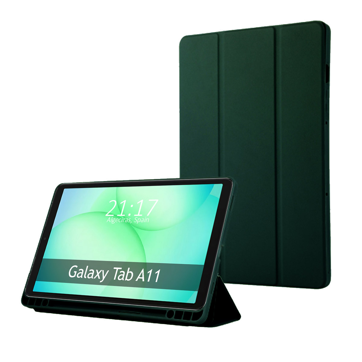 Una tableta Galaxy Tab A11 con una funda verde oscuro, hora 21:17. El fondo muestra una funda similar.