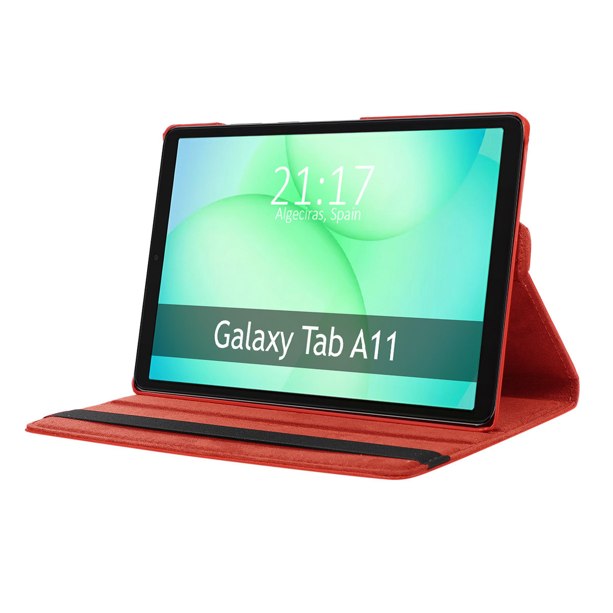 Un tablet Galaxy Tab A11 in una custodia rossa è aperto, mostrando l'ora e il luogo sullo schermo.