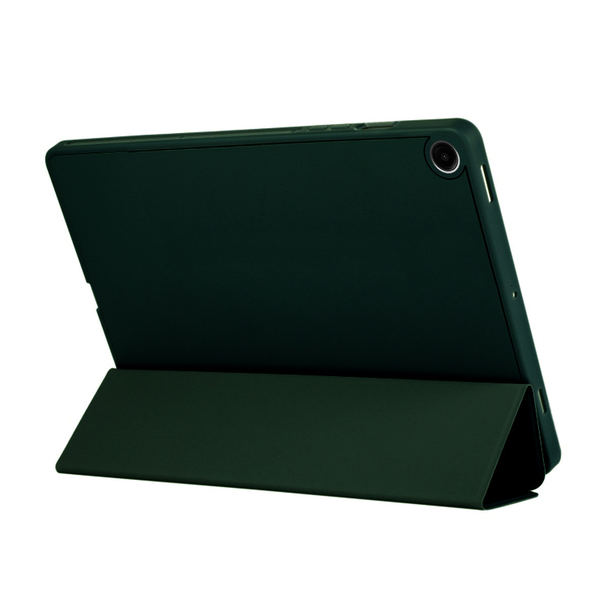 Una tableta verde oscuro con una funda a juego, apoyada, sobre un fondo blanco. La cámara es visible en la parte trasera.