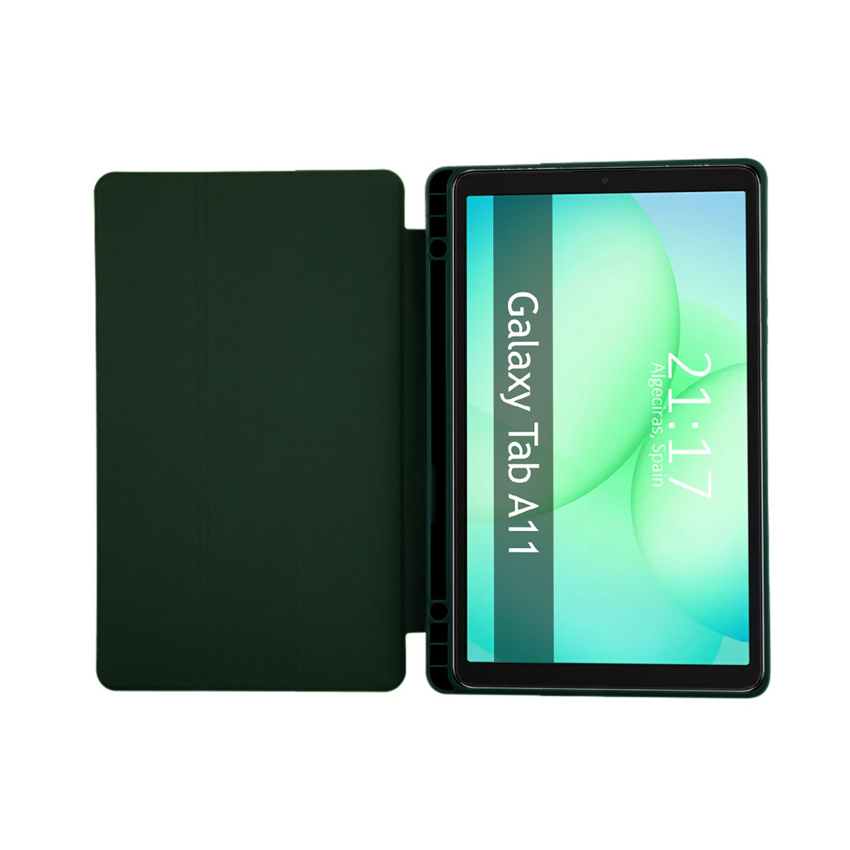Una Galaxy Tab A11 en una funda verde oscuro está abierta. La pantalla muestra la hora, 21:17, y la ubicación, Algeciras, España.