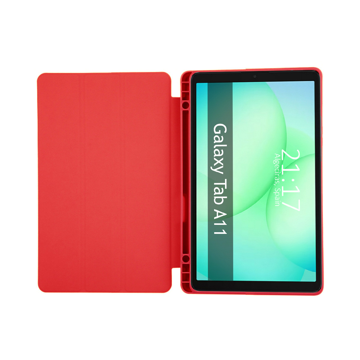 Tablet rosso con custodia rossa, lo schermo mostra 'Galaxy Tab A11' e l'ora '21:17'. Lo sfondo è bianco.