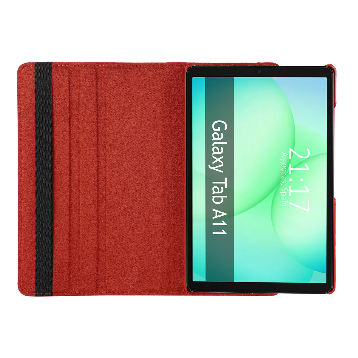 Una custodia rossa per tablet con un tablet che mostra l'ora 21:17 ad Algeciras, Spagna. Il tablet è un Galaxy Tab A11.