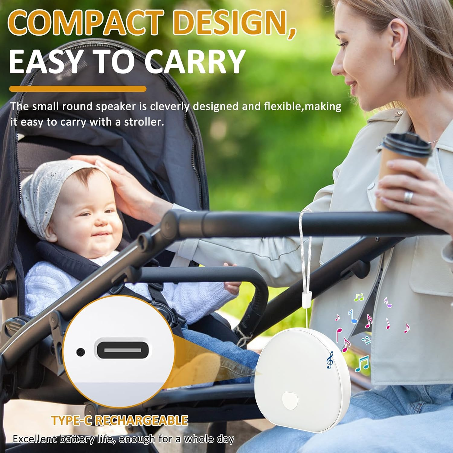 Frau mit Baby im Kinderwagen, Kaffee haltend, Lautsprecher hängen. Text: kompaktes Design, einfach zu tragen, Typ-C wiederaufladbar.