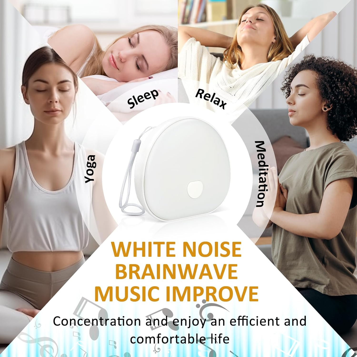 Das Bild zeigt Menschen in Yoga-, Schlaf-, Entspannungs- und Meditationspositionen. In der Mitte befindet sich ein weißes Gerät mit Text, der White Noise und Musik bewirbt.