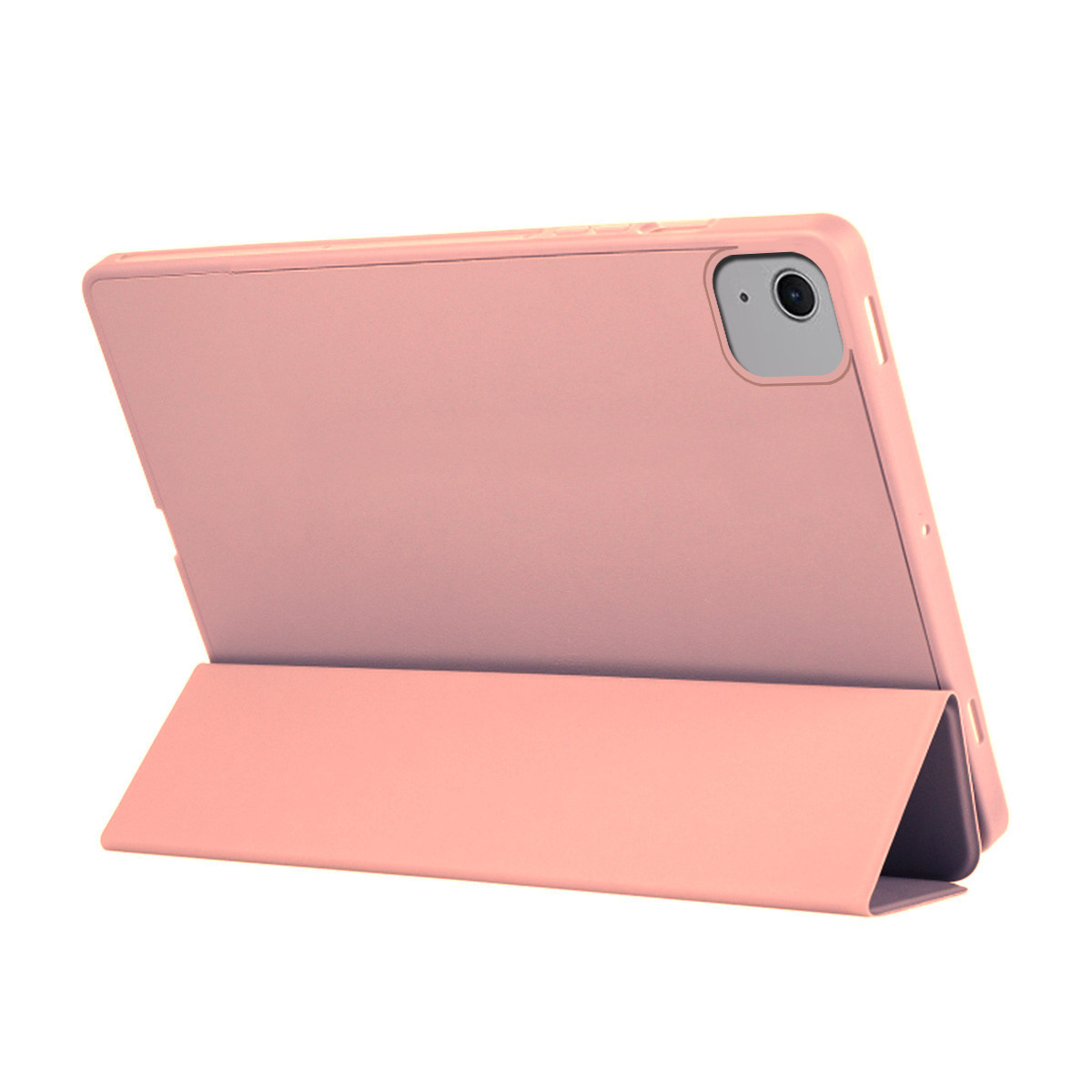 Una funda rosa para tableta con una cubierta doblada para sostener la tableta. La funda tiene un agujero para la cámara y está sobre fondo blanco.
