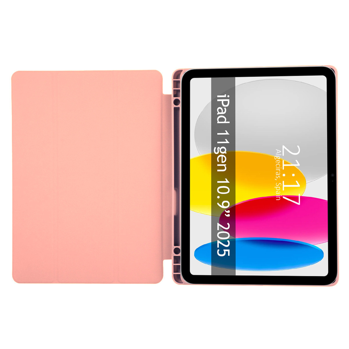 Una funda rosa de iPad abierta, que revela una pantalla de iPad. La pantalla muestra un fondo de pantalla colorido y la hora 21:17.