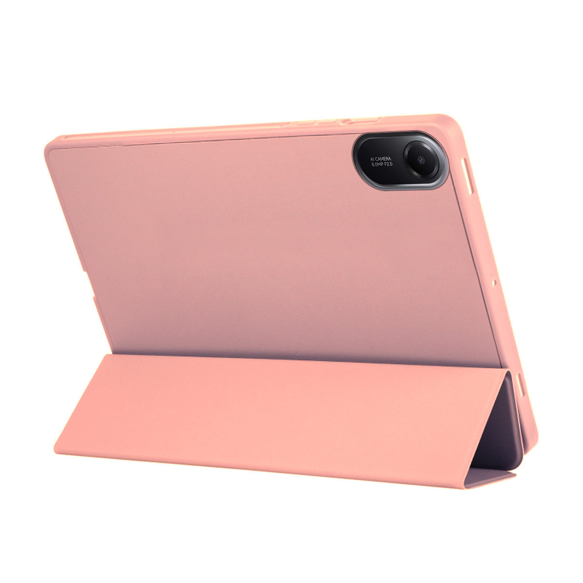 Una tableta rosa en una funda a juego, la tapa plegada para sostenerla. Tiene una cámara en la parte trasera.