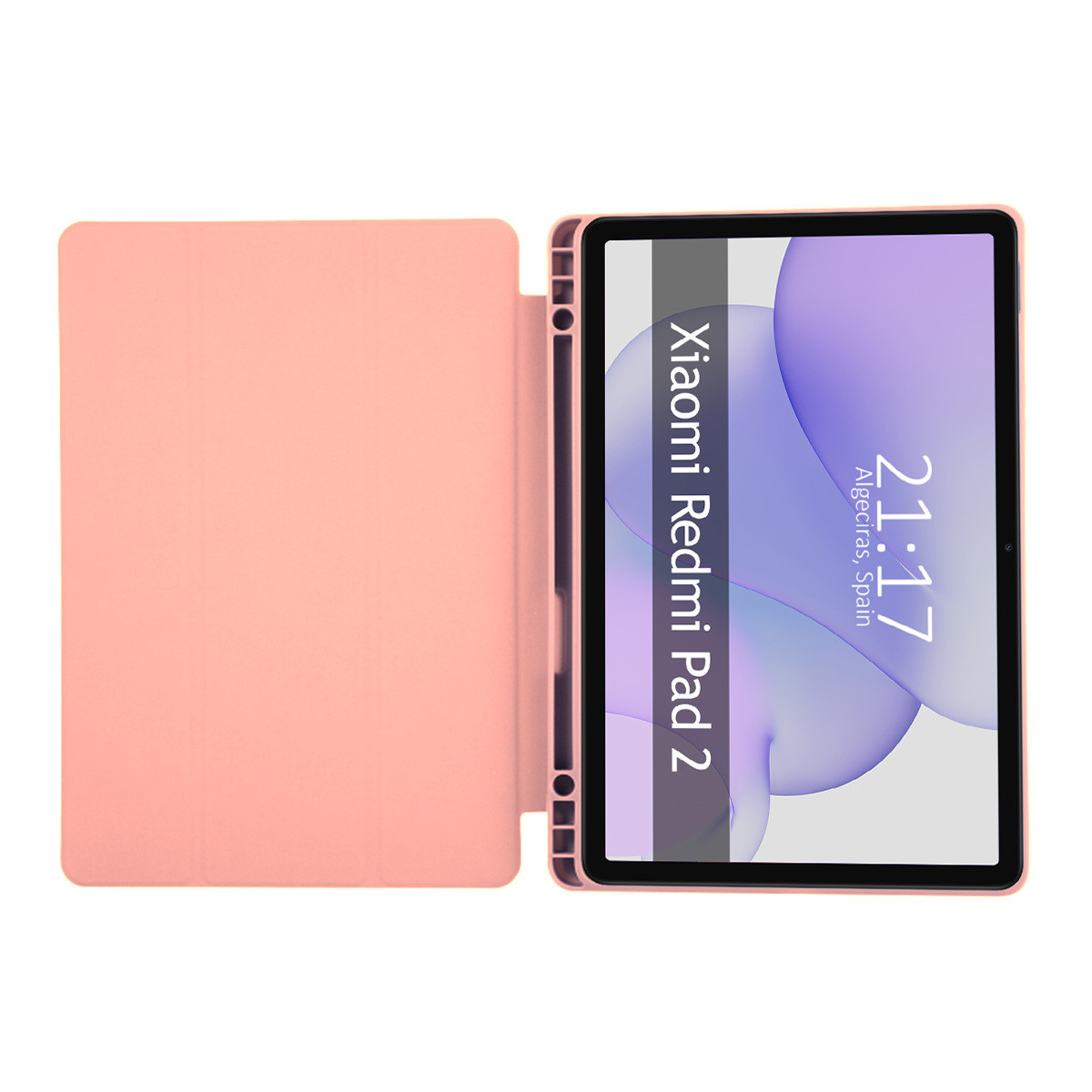 Una tableta rosa con la funda abierta, mostrando una pantalla con la hora y la ubicación. La tableta dice Xiaomi Redmi Pad 2.