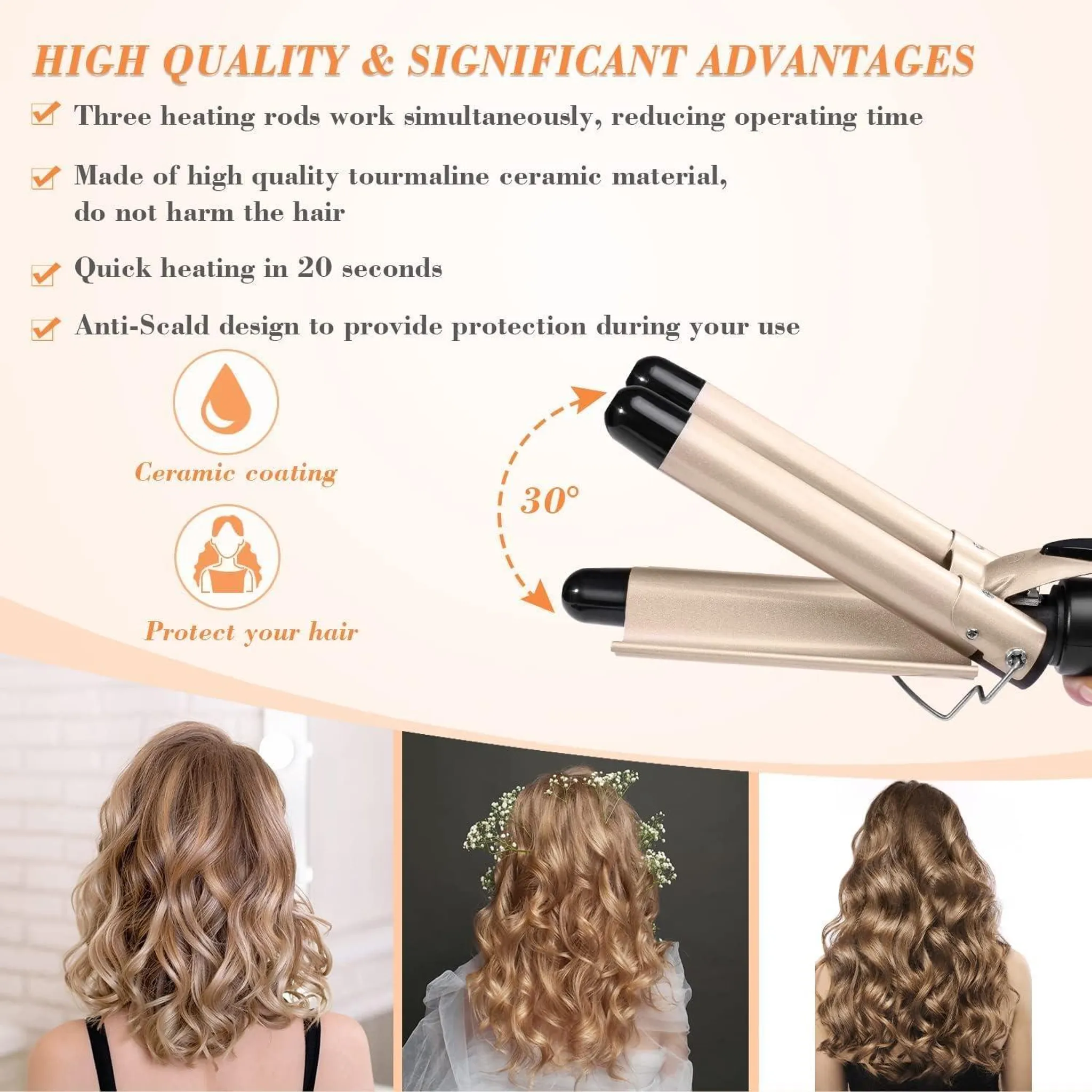 Das Bild zeigt ein Haarstyling-Tool mit Haarbeispielen. Der Text beschreibt Eigenschaften wie Keramikbeschichtung und Heizstäbe.