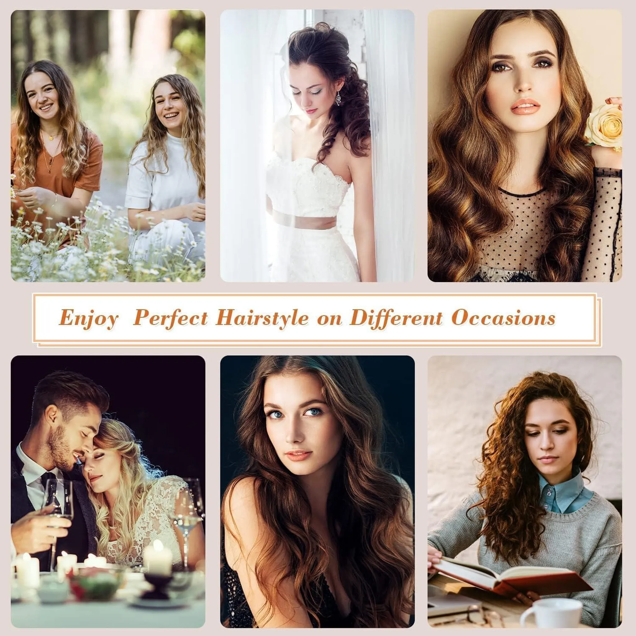 Eine Collage, die Frauen mit verschiedenen Frisuren für verschiedene Anlässe zeigt. Text: Genießen Sie die perfekte Frisur.