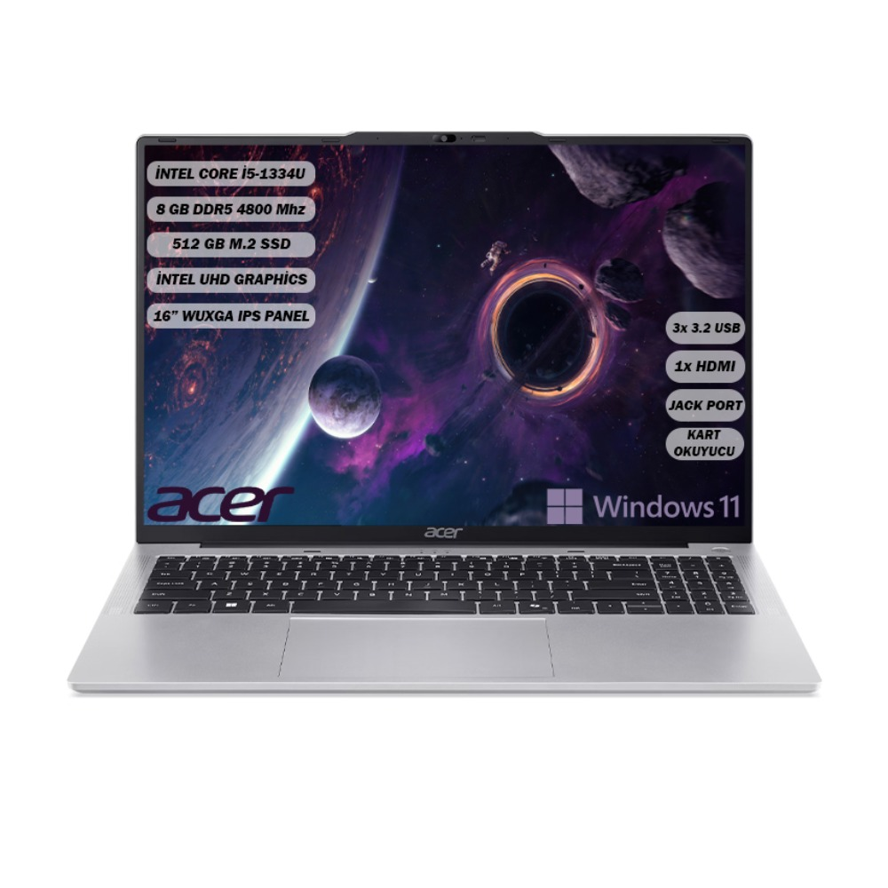 Gümüş renkli bir Acer dizüstü bilgisayar açık. Ekran bir uzay sahnesi gösteriyor. Özellikler: Intel i5, 8GB RAM, 512GB SSD, Intel UHD.