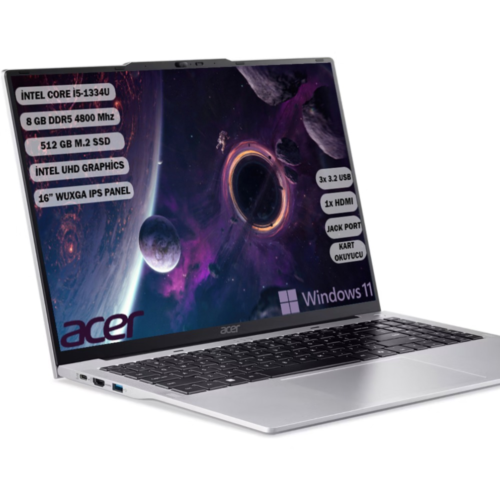 Gümüş renkli bir Acer dizüstü bilgisayar, bir uzay sahnesi gösteriyor. Özellikler: Intel Core i5, 8GB RAM, 512GB SSD, Intel UHD, 16" IPS, Windows 11.