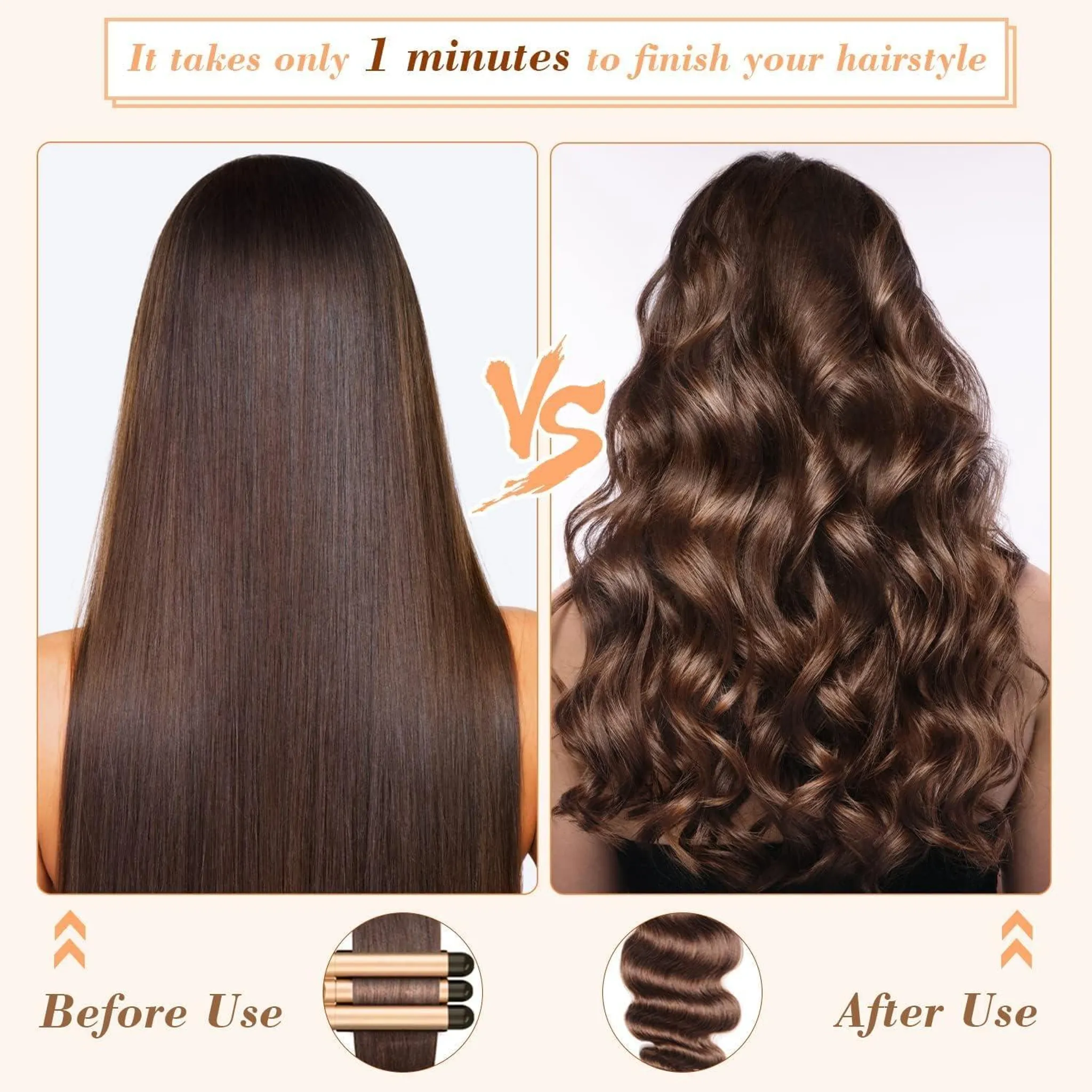 Das Bild zeigt Vorher-Nachher-Effekte der Verwendung eines Haarstyling-Tools. Glattes Haar wird wellig.