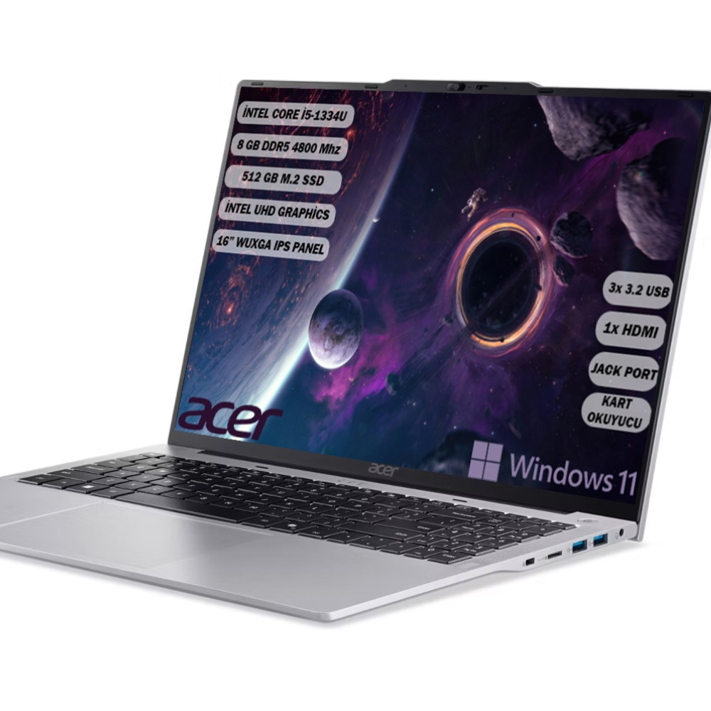 Gümüş renkli bir Acer dizüstü bilgisayar, kara delikli bir uzay sahnesi gösteriyor. Intel i5, 8 GB RAM gibi özellikler listeleniyor. Windows 11 logosu görünür.