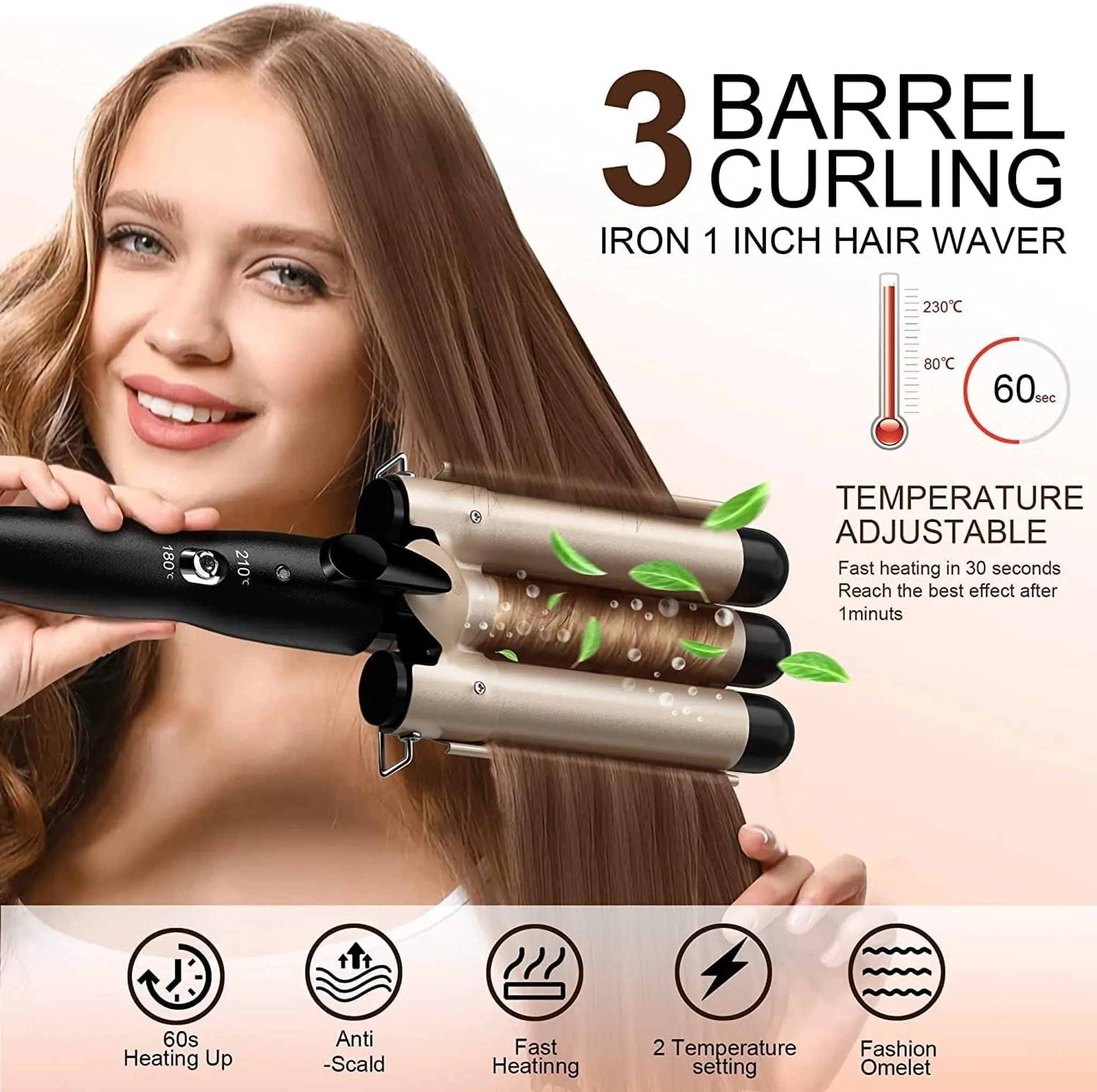 Eine Frau benutzt einen Haarformer. Text: 3 BARREL CURLING IRON 1 INCH HAIR WAVER. Eigenschaften: Erhitzen, Anti-Verbrühung.