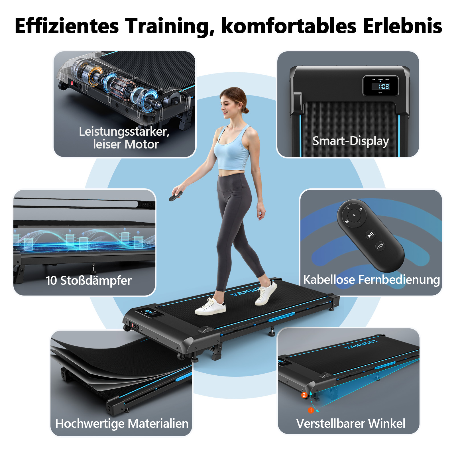 Eine Frau geht auf einem Laufband. Es hat ein Smart-Display, eine Fernbedienung und eine Polsterung.