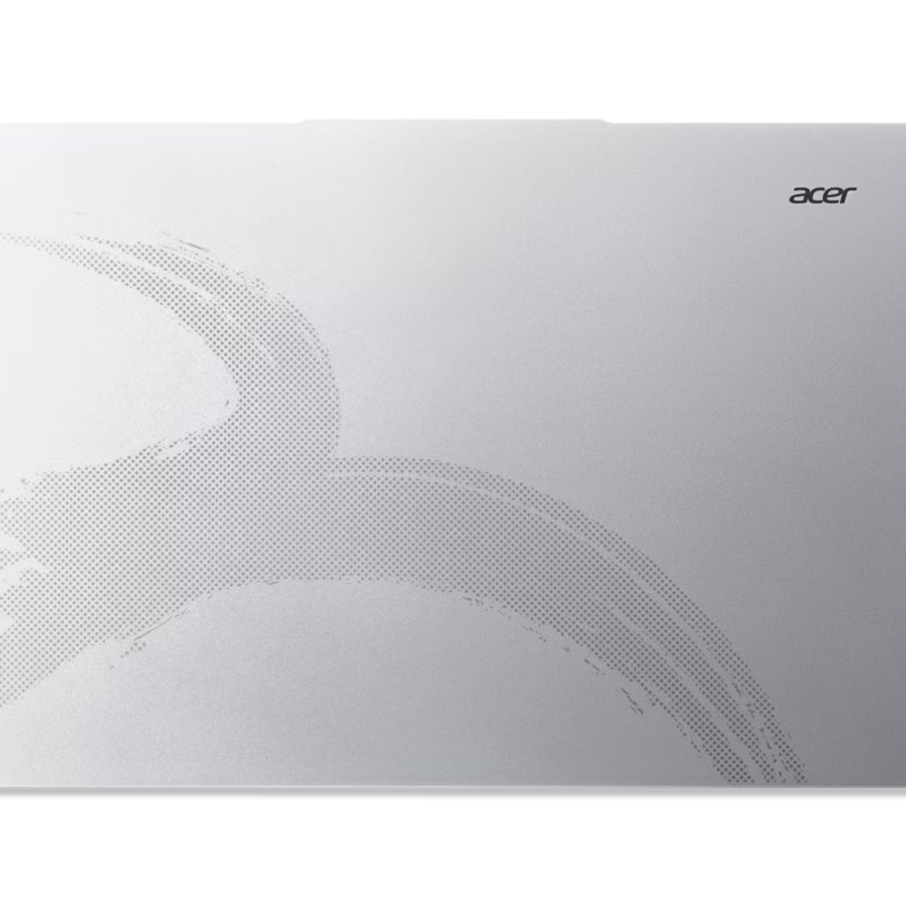 Acer logolu gümüş dizüstü bilgisayar kapağı. Noktalı bir tasarım kapağın üzerinden geçiyor. Arka plan beyaz.