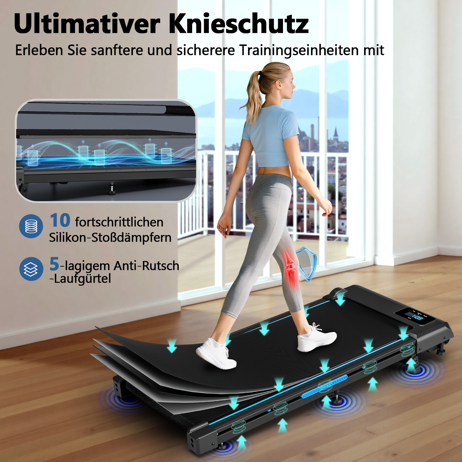 Eine Frau geht auf einem Laufband. Es hat eine Digitalanzeige. Das Laufband befindet sich in einem Raum mit Blick auf eine Stadt.