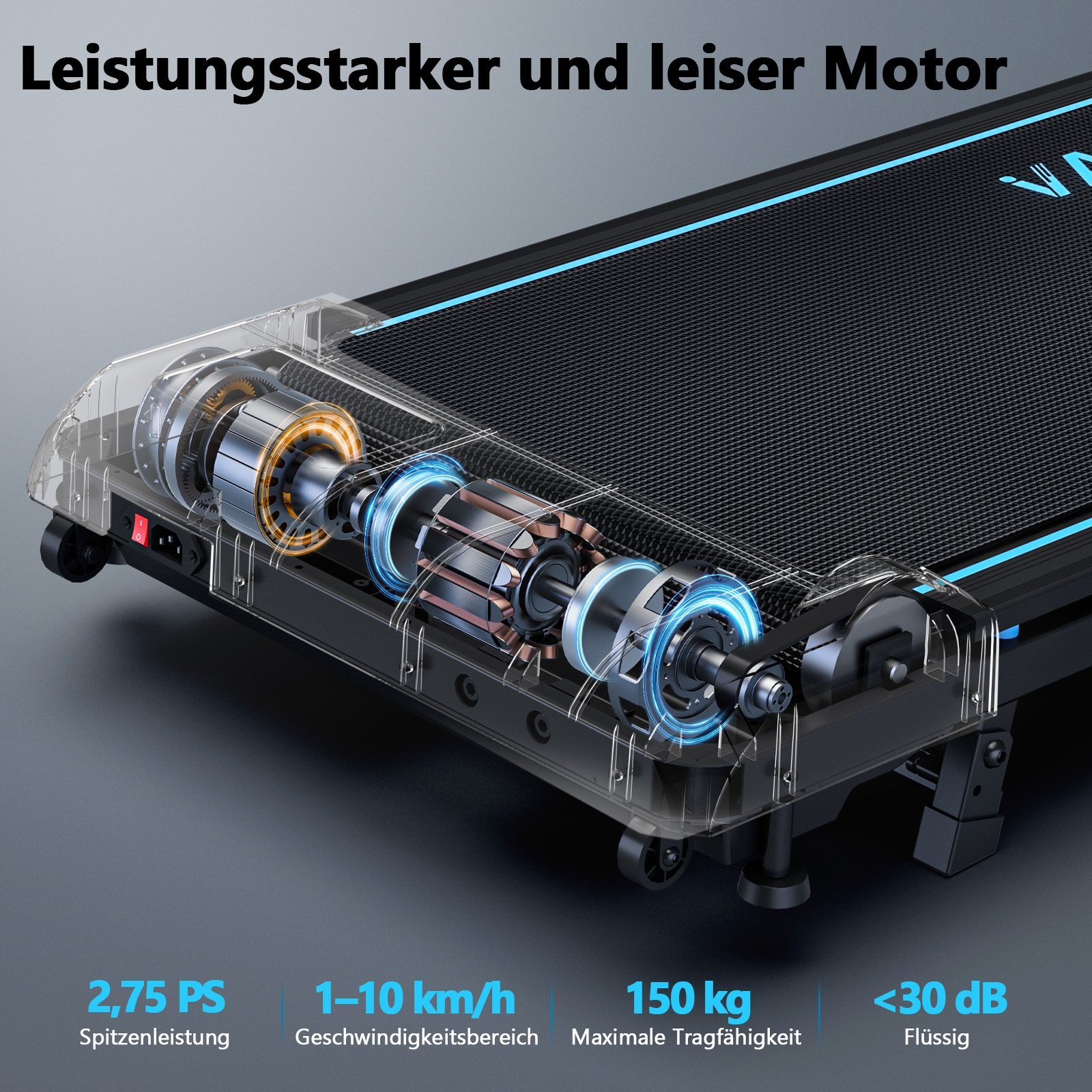 Laufband mit freiliegendem Motor. Es zeigt 2,75 PS, 1-10 km/h Geschwindigkeit, 150 kg max. Belastung und <lt/>30 dB Geräuschpegel.