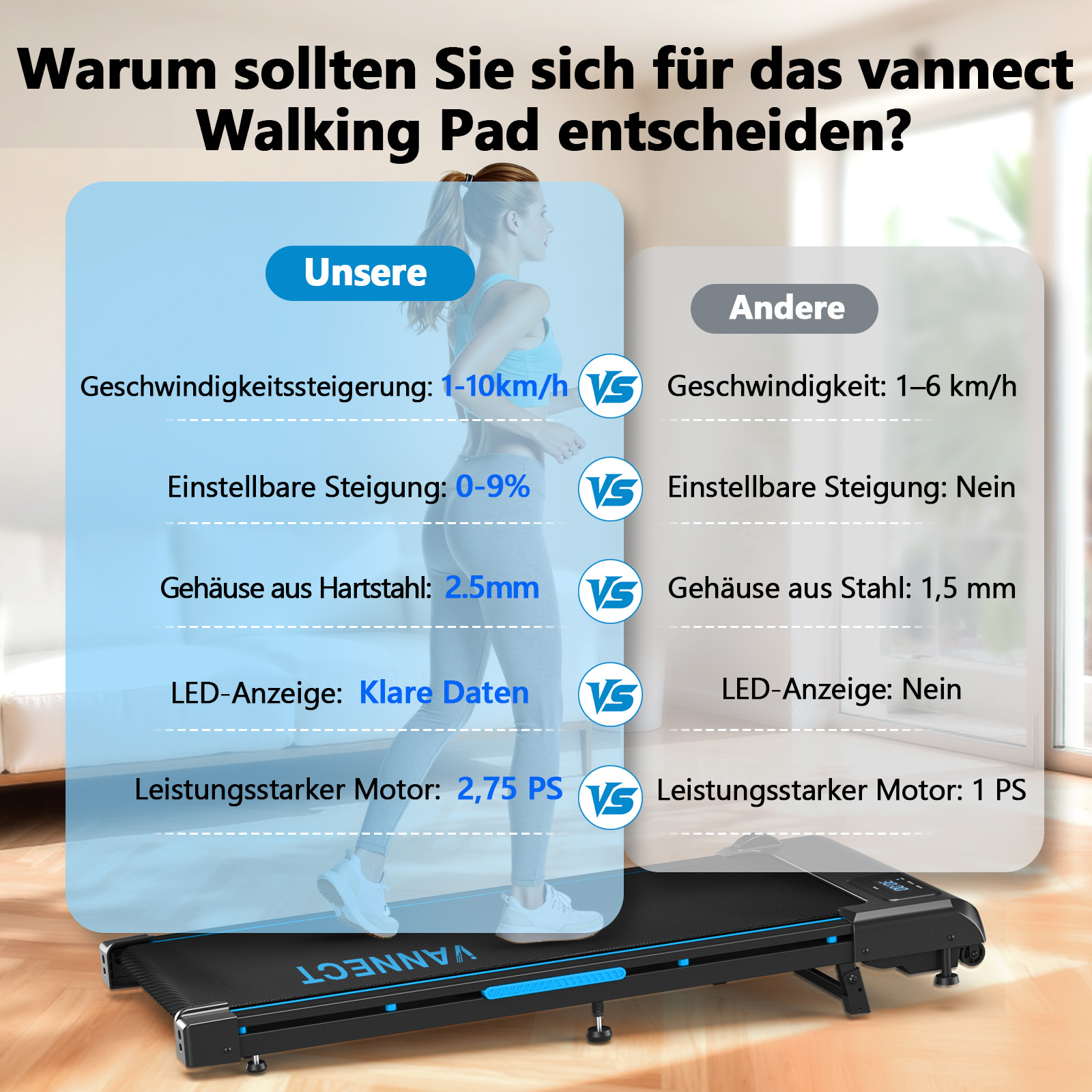 Eine Frau läuft auf einem Laufband. Es hat ein blaues und schwarzes Design. Text vergleicht Funktionen mit anderen.