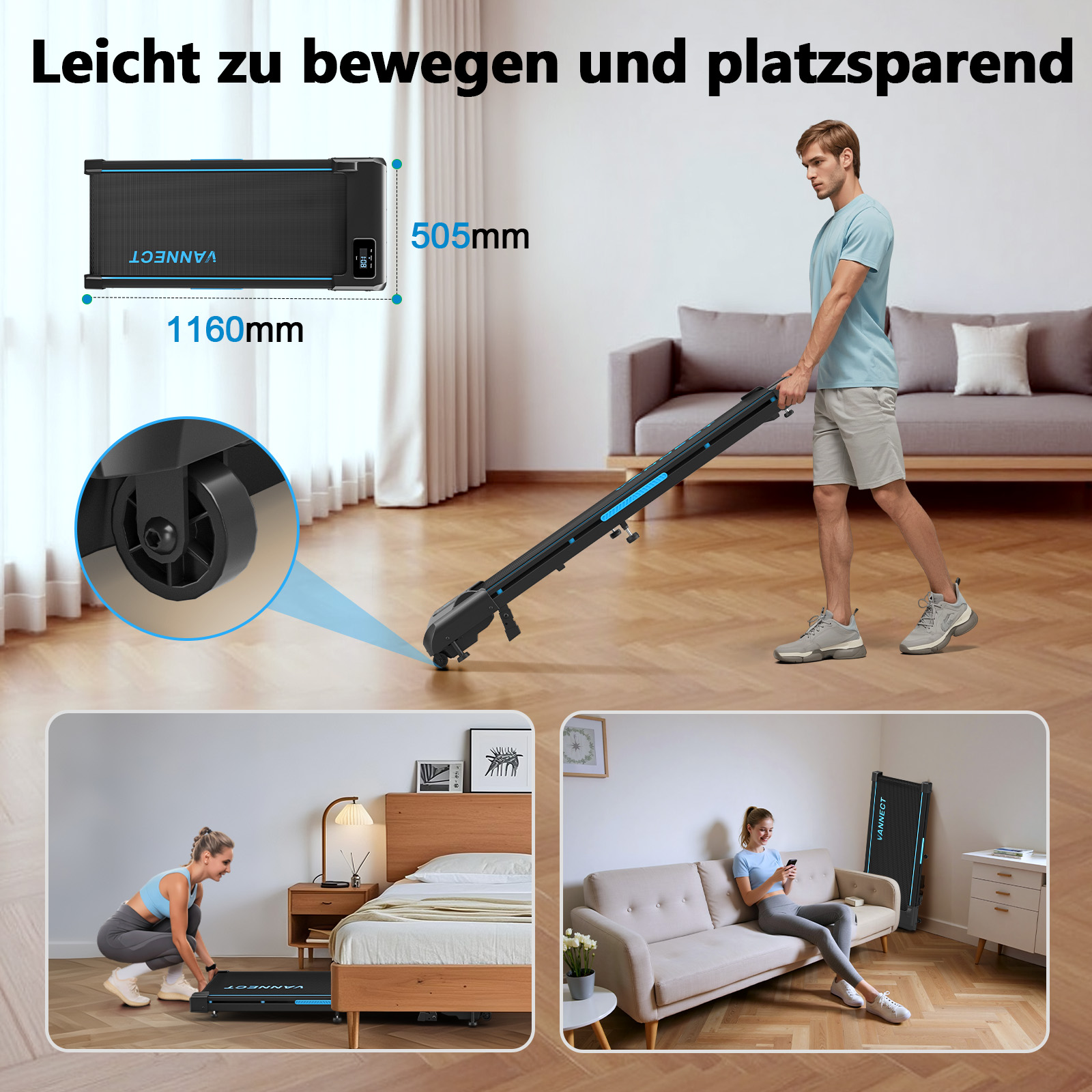 Ein Mann trägt ein zusammengeklapptes schwarzes Laufband. Weitere Bilder zeigen das Laufband in Gebrauch und Lagerung.