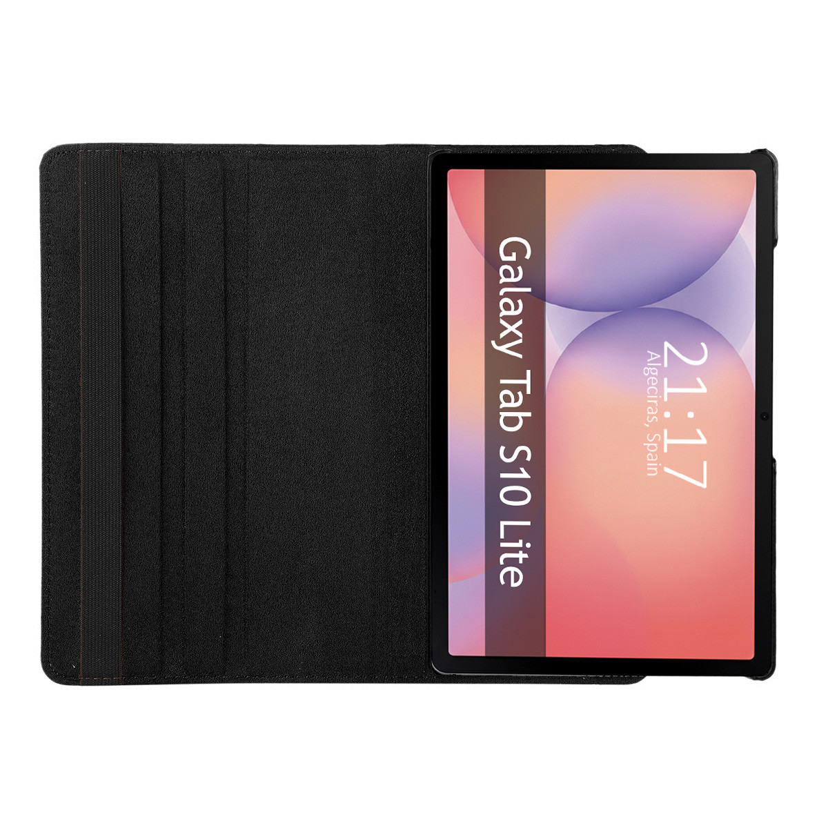 Un tablet con custodia nera è aperto. Lo schermo mostra 'Galaxy Tab S10 Lite', l'ora 21:17 e la località Algeciras, Spagna.