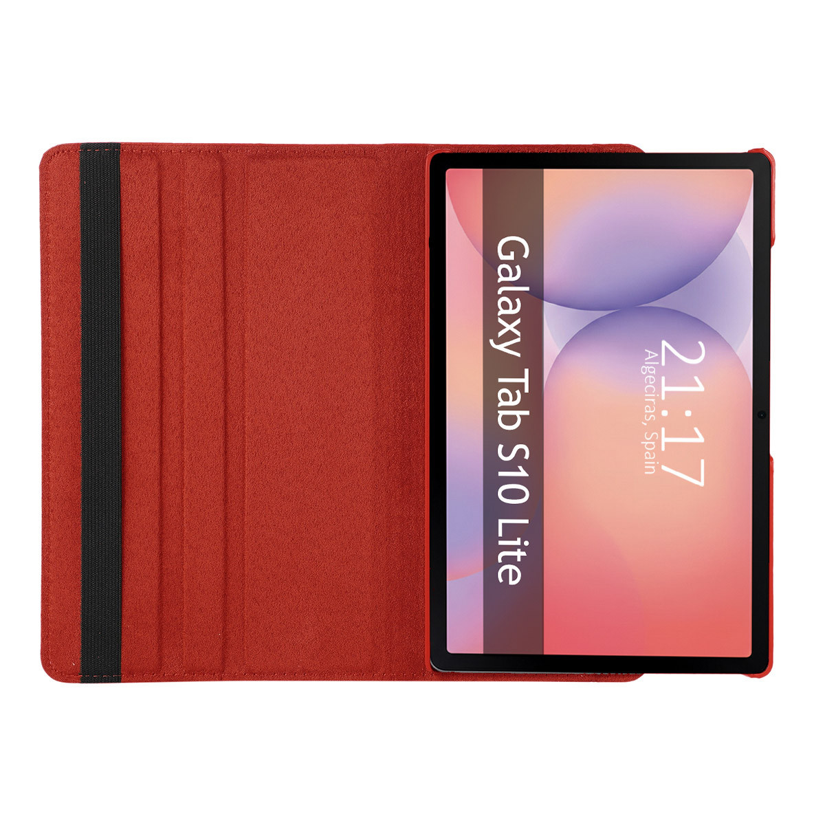 Una custodia rossa per tablet con un tablet all'interno. Il tablet mostra l'ora 21:17 e il testo 'Galaxy Tab S10 Lite'.