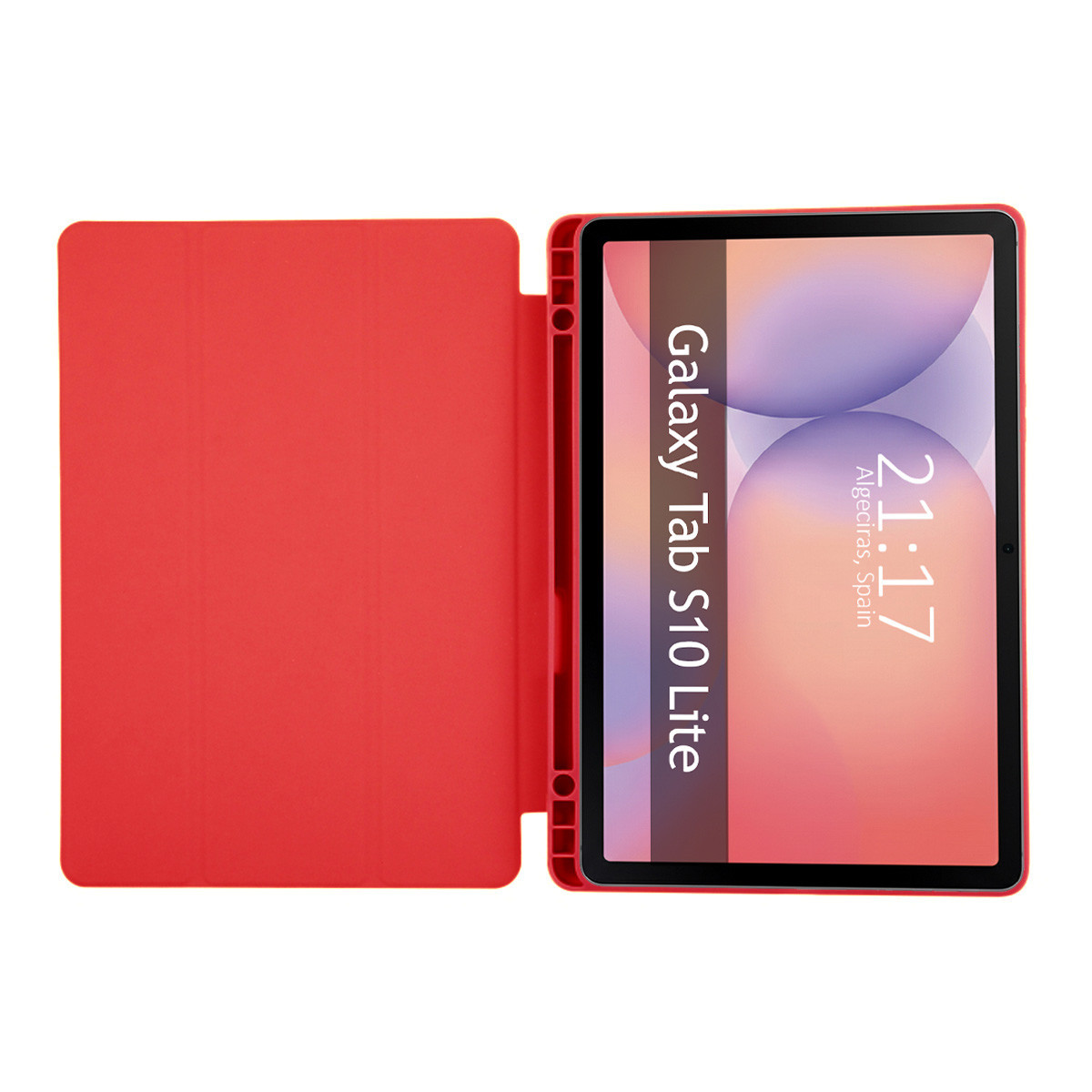 Custodia tablet rossa aperta, rivela schermo tablet. Mostra Galaxy Tab S10 Lite, ora 21:17 e posizione Algeciras, Spagna.
