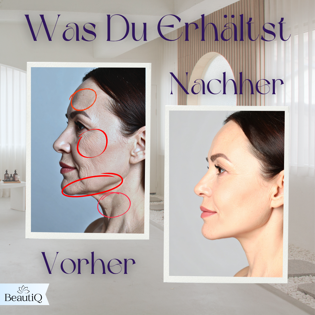 Vorher-Nachher-Gesichtsvergleich. Links: faltiges Gesicht mit roten Kreisen. Rechts: glatte Haut.