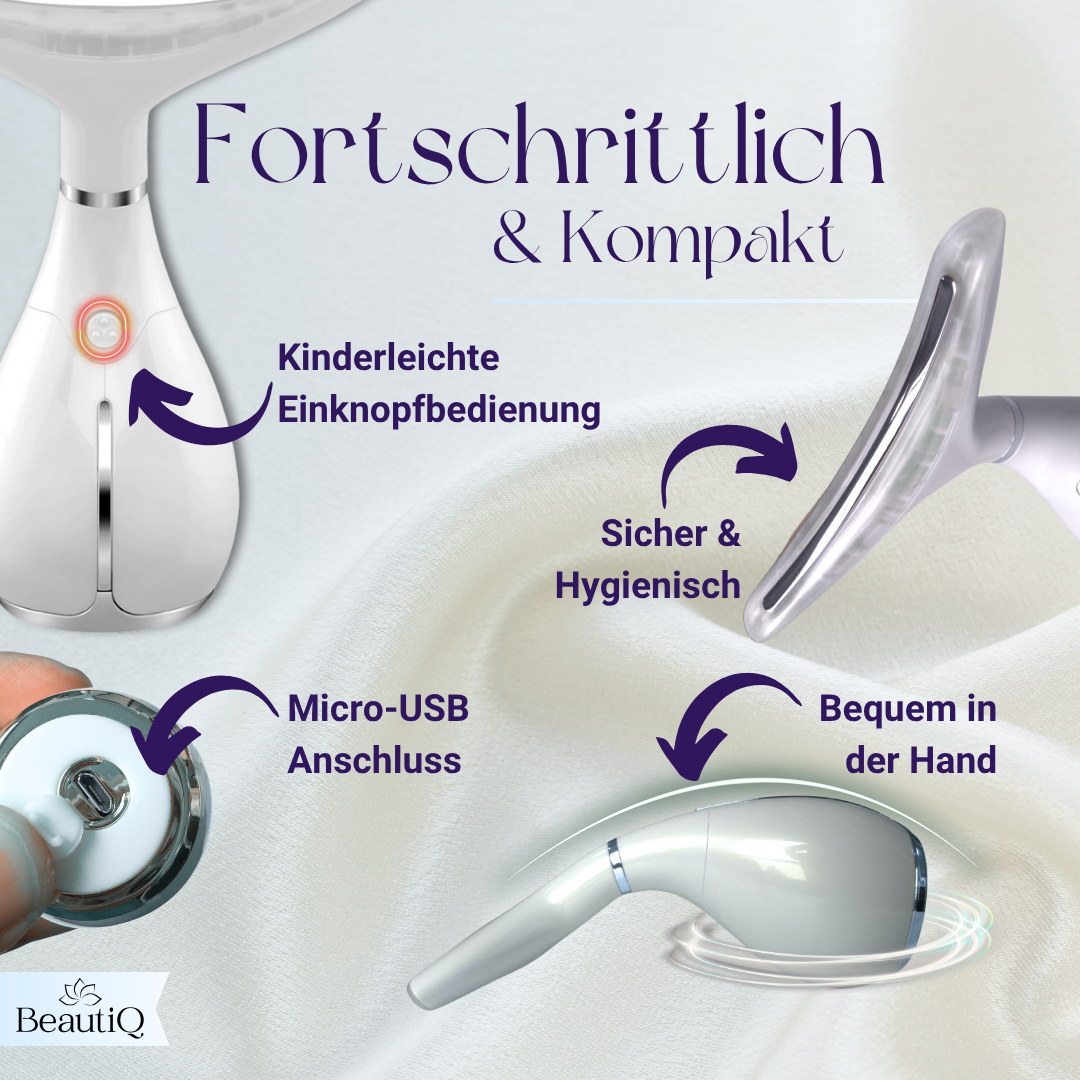 Das Bild zeigt ein weißes Schönheitsgerät mit Pfeilen, die auf Funktionen wie einen USB-Anschluss und eine einfache Taste zeigen. Auch Text auf Deutsch ist vorhanden.
