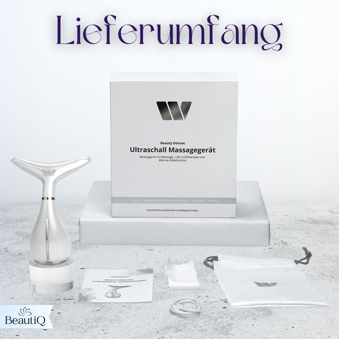 Eine weiße Box mit Text und einem Schönheitsgerät. Zubehör umfasst ein Tuch, einen Beutel und ein Kabel. 'BeautiQ'-Logo unten links.