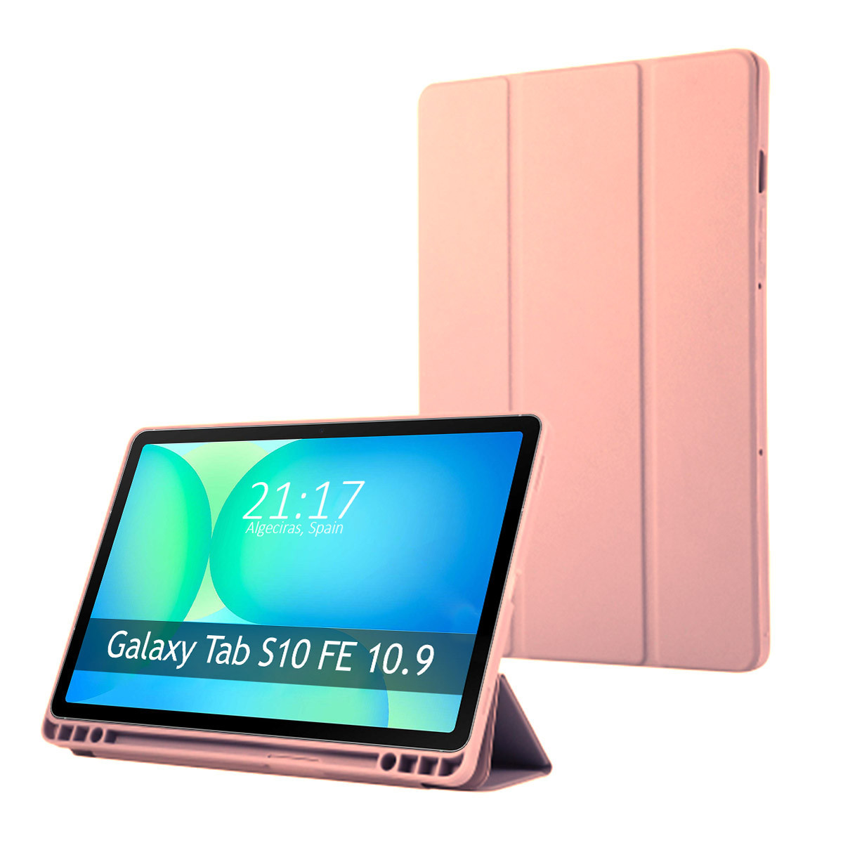 Un tablet Galaxy Tab S10 FE 10.9 con custodia rosa è mostrato, con l'ora 21:17. Lo sfondo ha una custodia rosa simile.