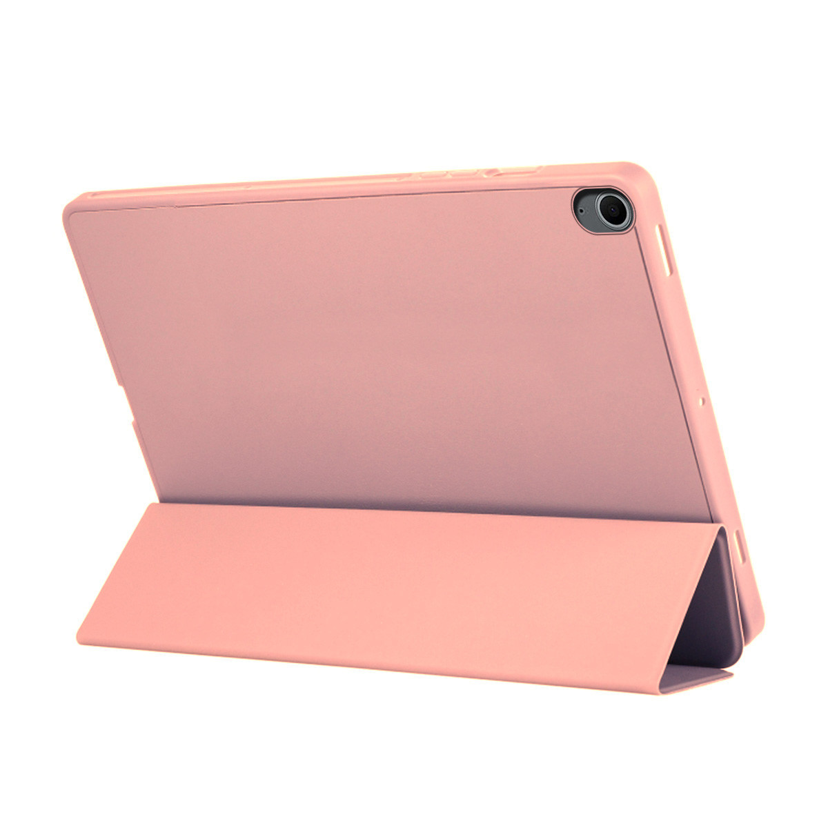 Una custodia rosa per tablet è aperta, mostrando il retro del tablet. La custodia è angolata, con la copertura anteriore ripiegata.