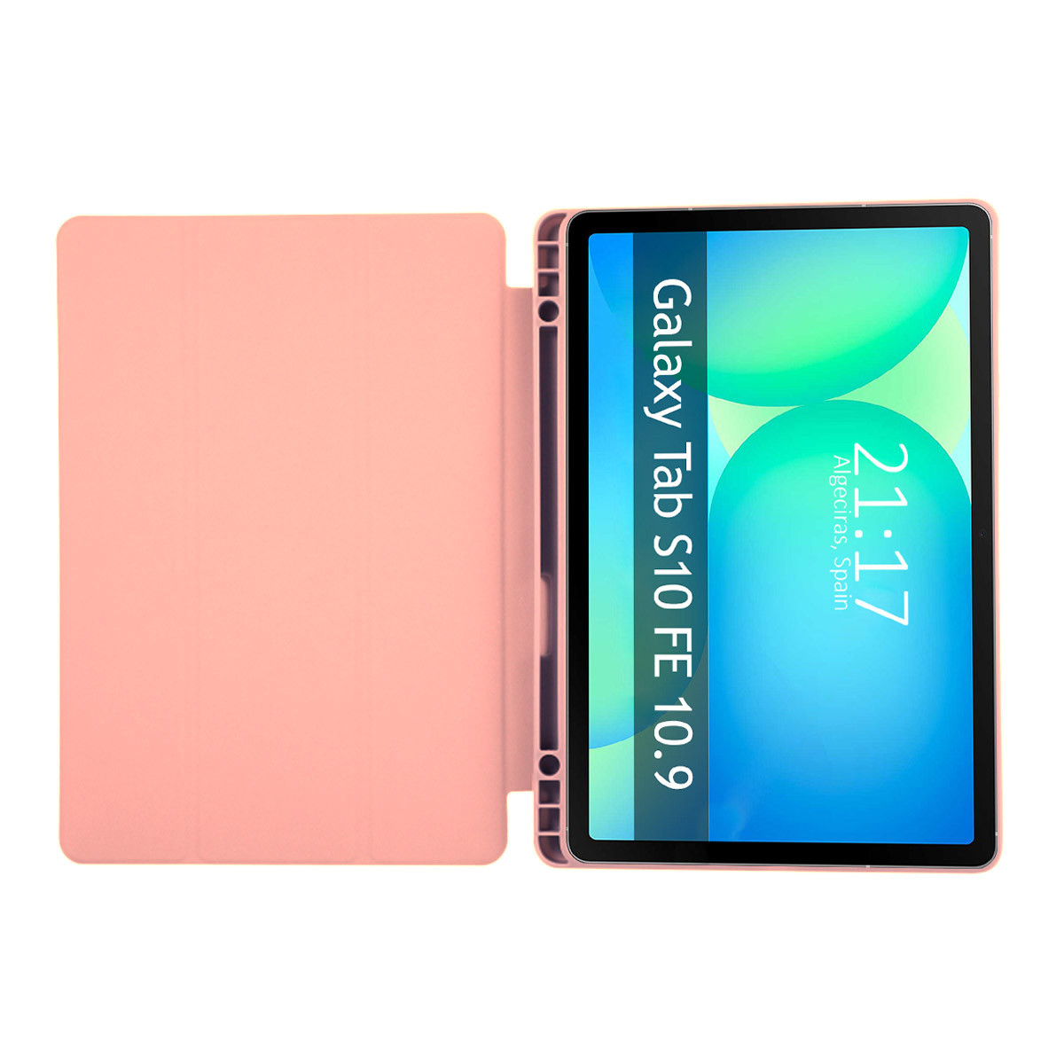Un tablet con custodia rosa è aperto. Lo schermo mostra l'ora e il testo 'Galaxy Tab S10 FE 10.9'.