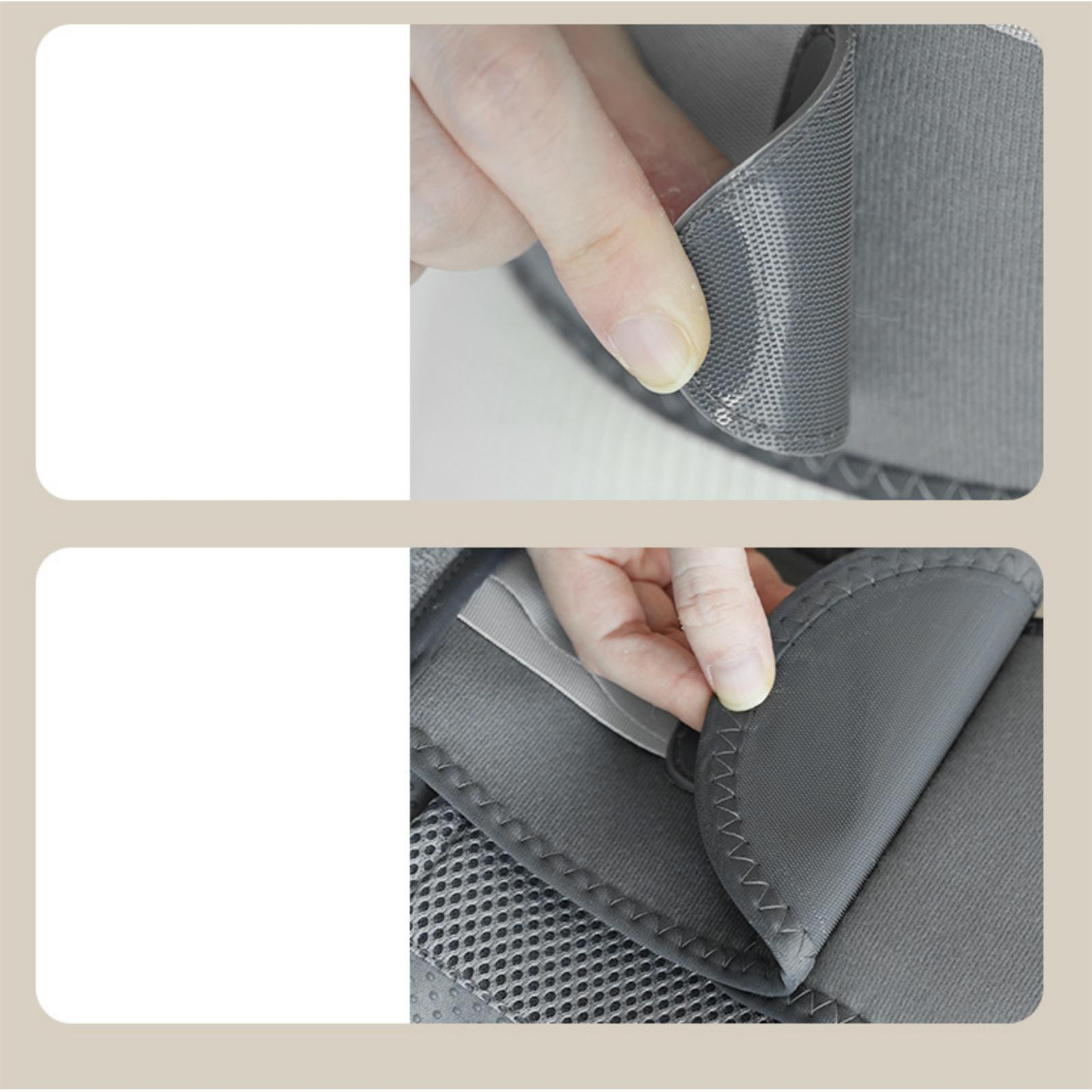 Hände heben eine graue Stoffklappe an. Die Klappe gibt ein Netzmaterial frei. Der Hintergrund ist beige.