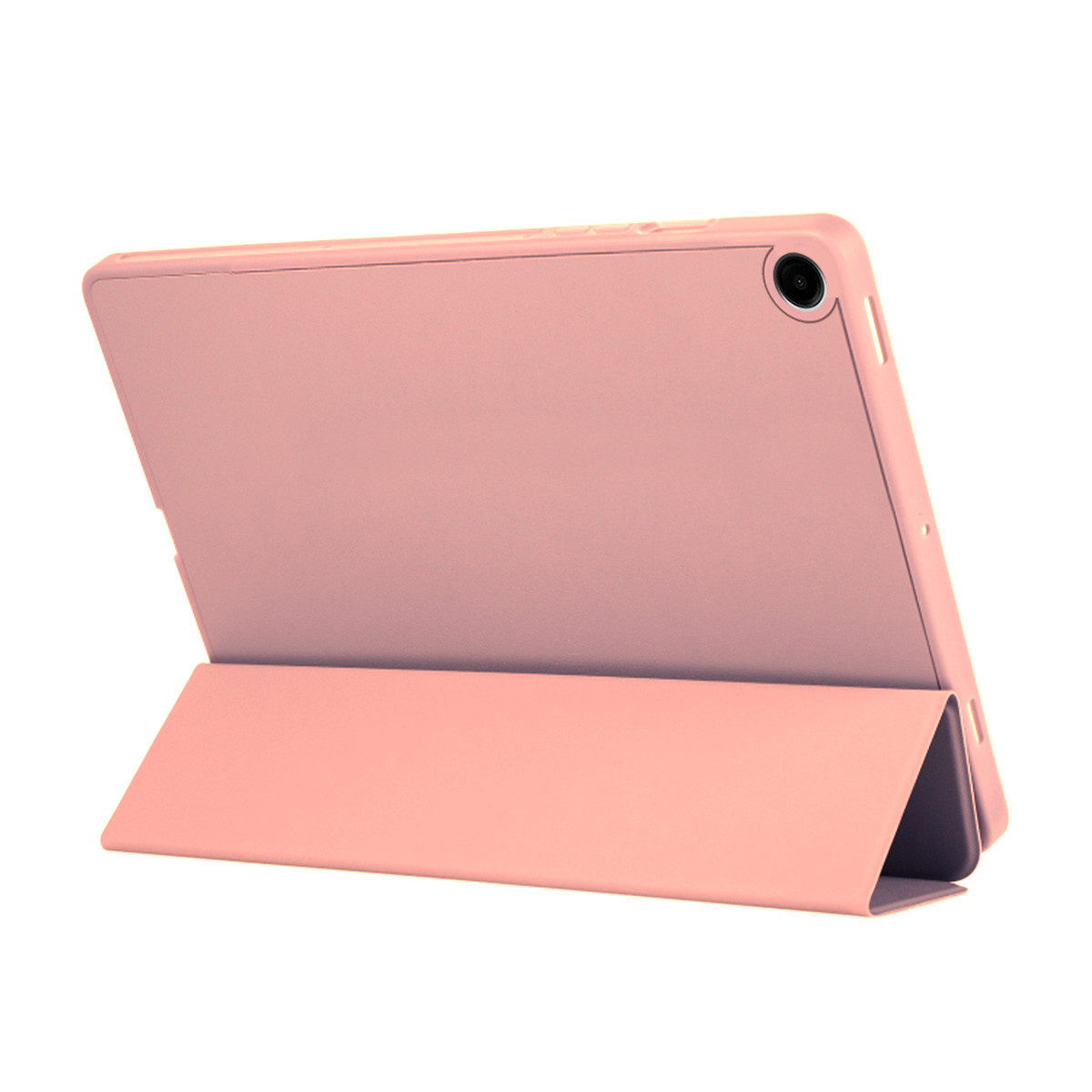 Un tablet rosa in una custodia, aperto. La custodia è anch'essa rosa. Fotocamera visibile nell'angolo superiore. Sfondo bianco.