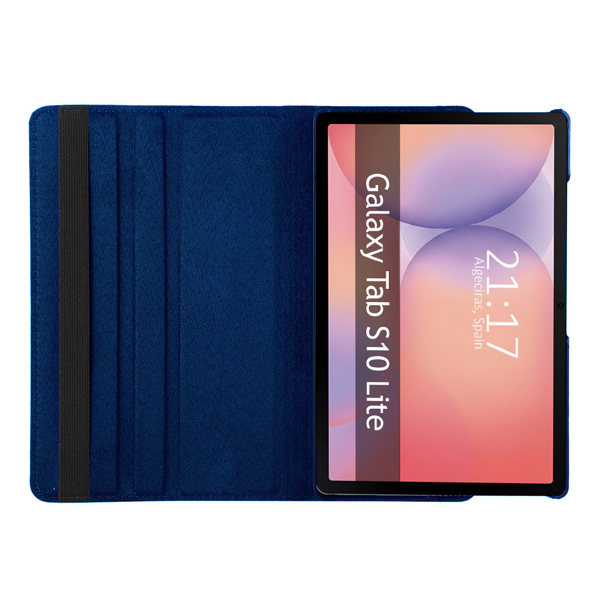 Una funda azul para tableta con una tableta que muestra la hora y 'Galaxy Tab S10 Lite'.