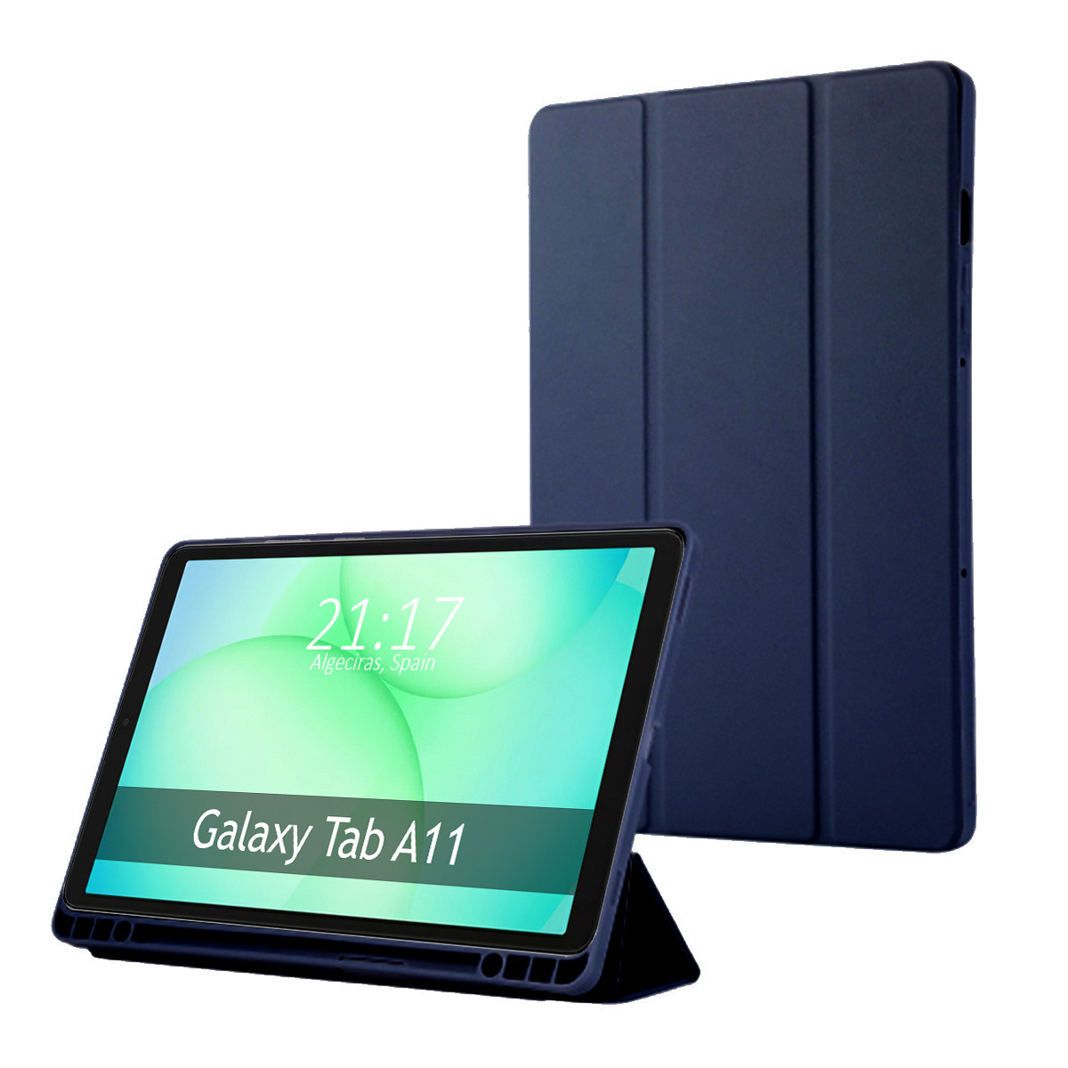 Un tablet Galaxy Tab A11 con custodia blu è in posizione verticale. Lo schermo mostra l'ora, 21:17, e il luogo, Algeciras, Spagna.