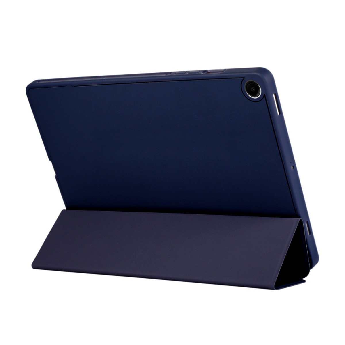 Una tableta azul marino con una funda a juego, apoyada. La funda está doblada para crear un soporte. El fondo es blanco.