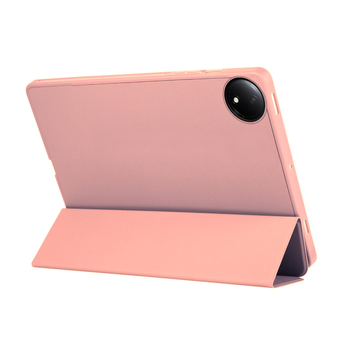 Un tablet rosa in una custodia, appoggiato. La custodia è piegata per sostenere il tablet. È visibile una fotocamera.