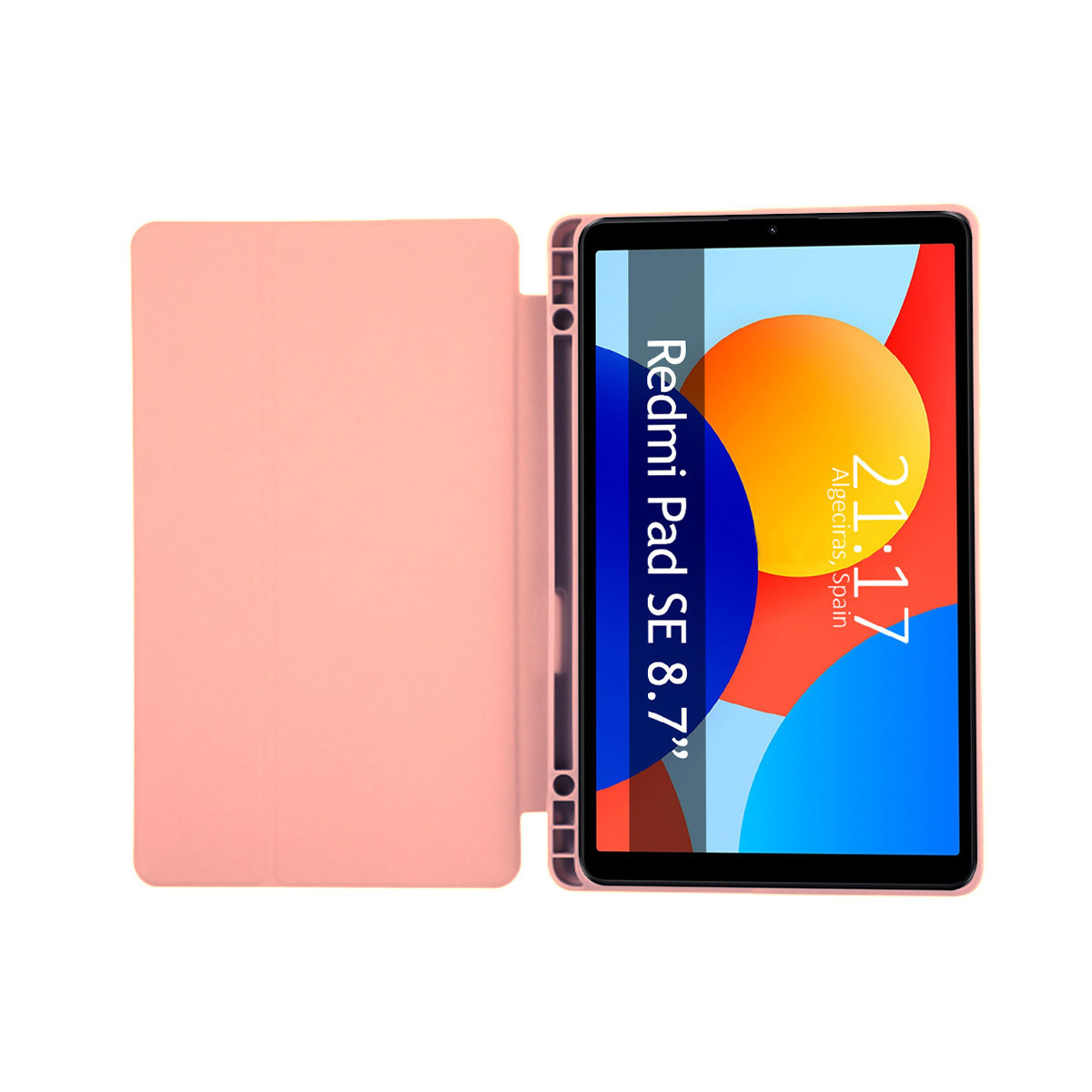 Un tablet Redmi Pad SE 8.7" in una custodia rosa è aperto. Lo schermo mostra una grafica colorata con l'ora 21:17.