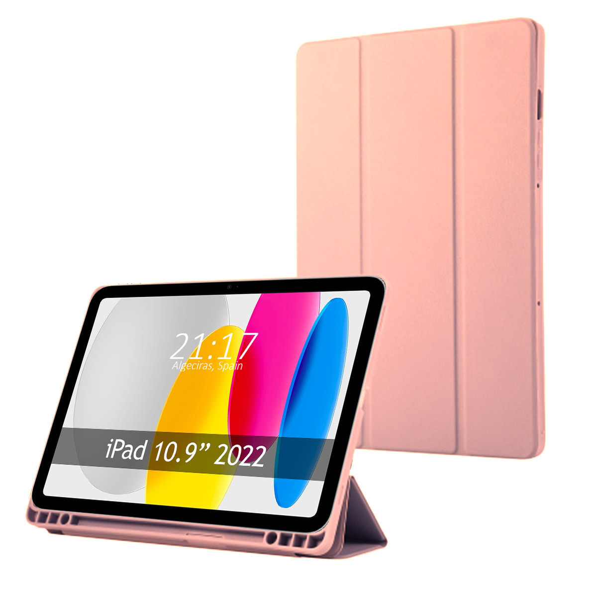 Un iPad 10.9" 2022 con una funda rosa. La pantalla muestra la hora 21:17. Una segunda funda rosa está detrás del iPad.