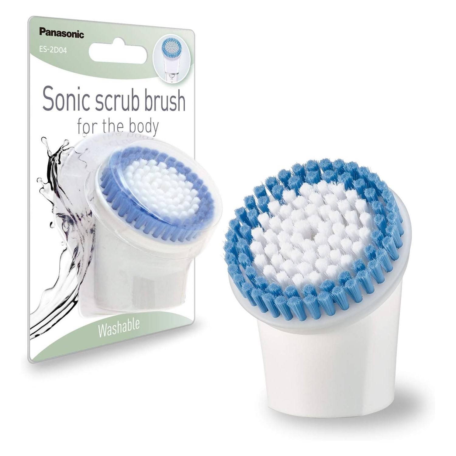 Una spazzola sonica Panasonic per il corpo. La spazzola ha setole blu attorno a setole bianche. È nella sua confezione.