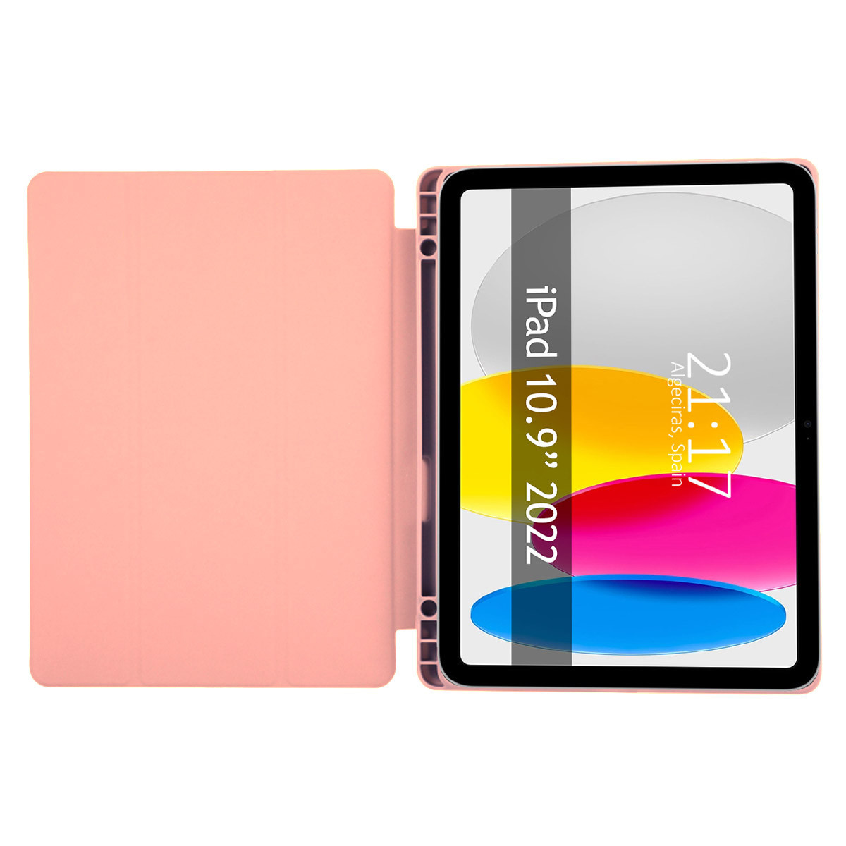 Un iPad 10.9" 2022 con funda rosa. La pantalla muestra la hora, 21:17, y la ubicación, Algeciras, España.
