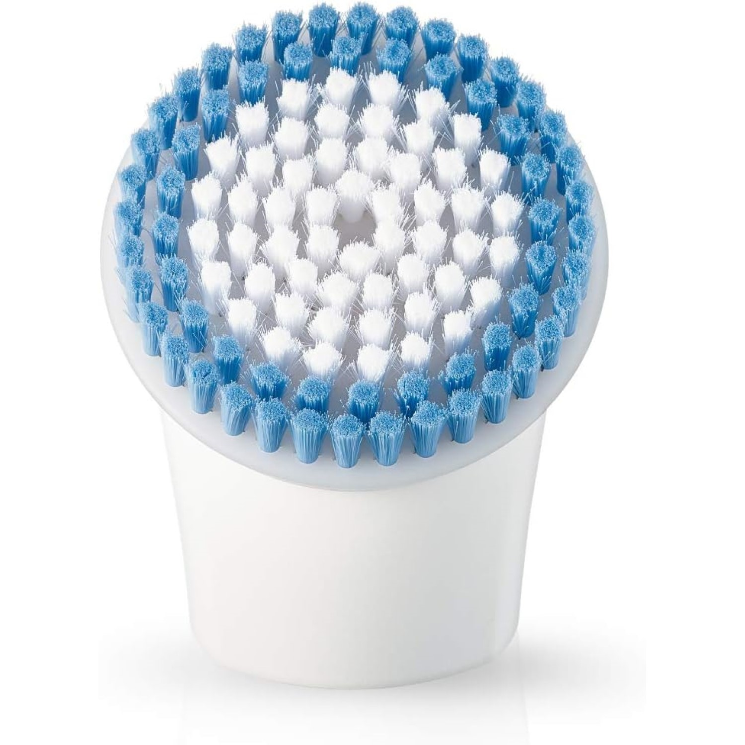 Una testina per spazzola viso bianca e blu. Setole blu circondano setole bianche. La spazzola è su una base cilindrica bianca.