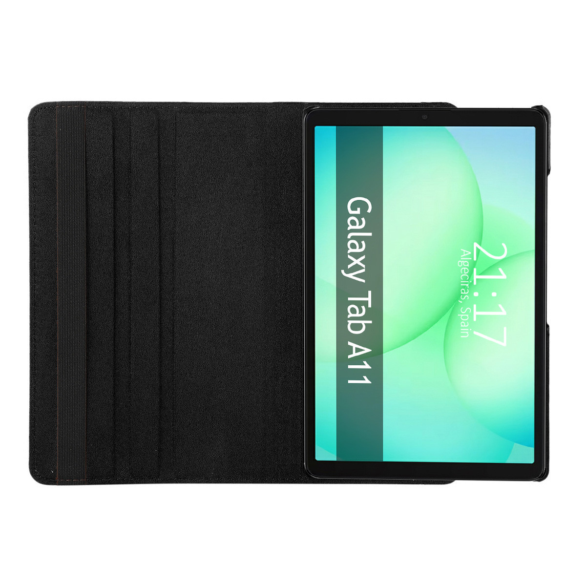Un tablet con custodia nera. Lo schermo mostra 'Galaxy Tab A11' e l'ora '21:17' ad Algeciras, Spagna.