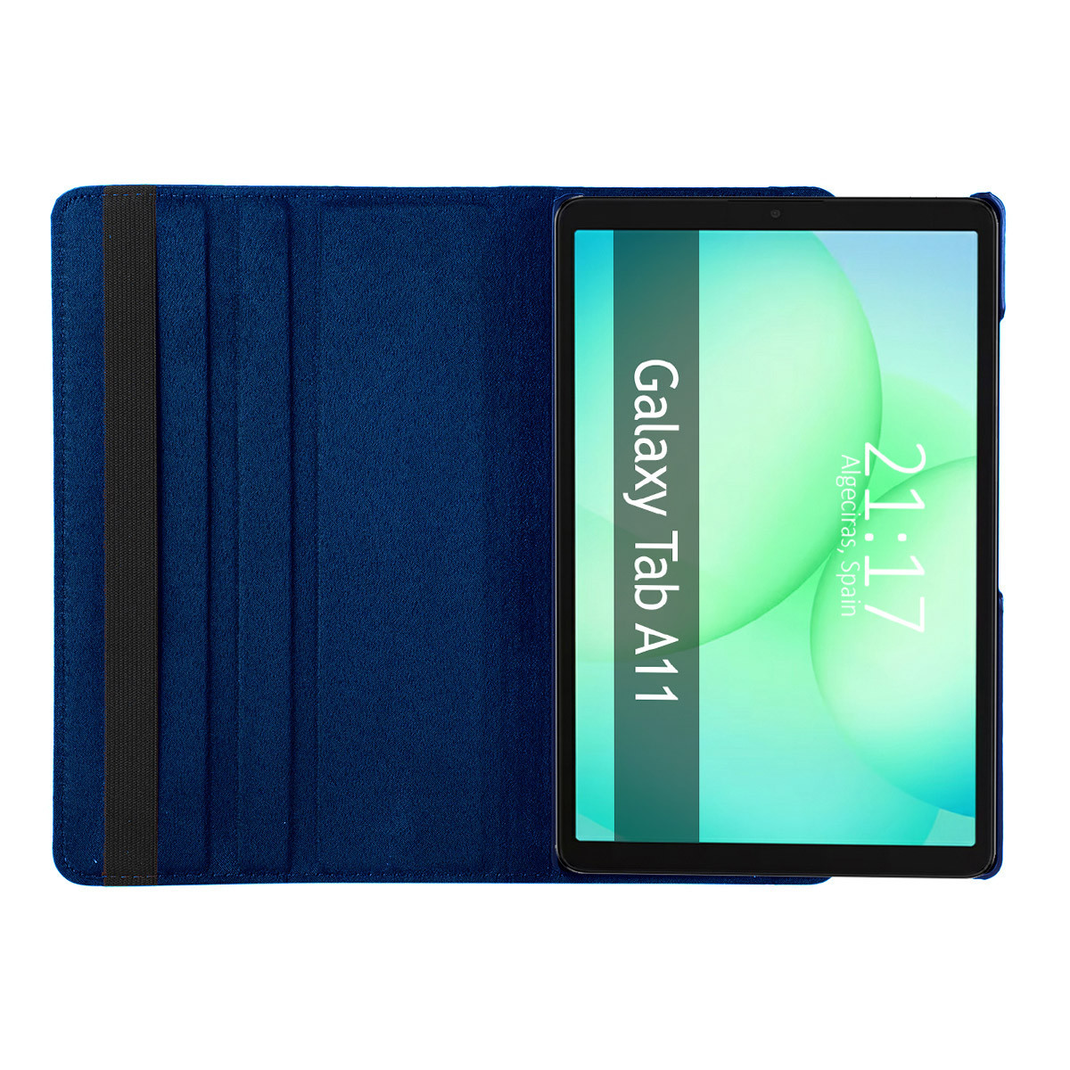 Una custodia blu per tablet con un tablet che mostra l'ora 21:17. Il tablet è un Galaxy Tab A11.