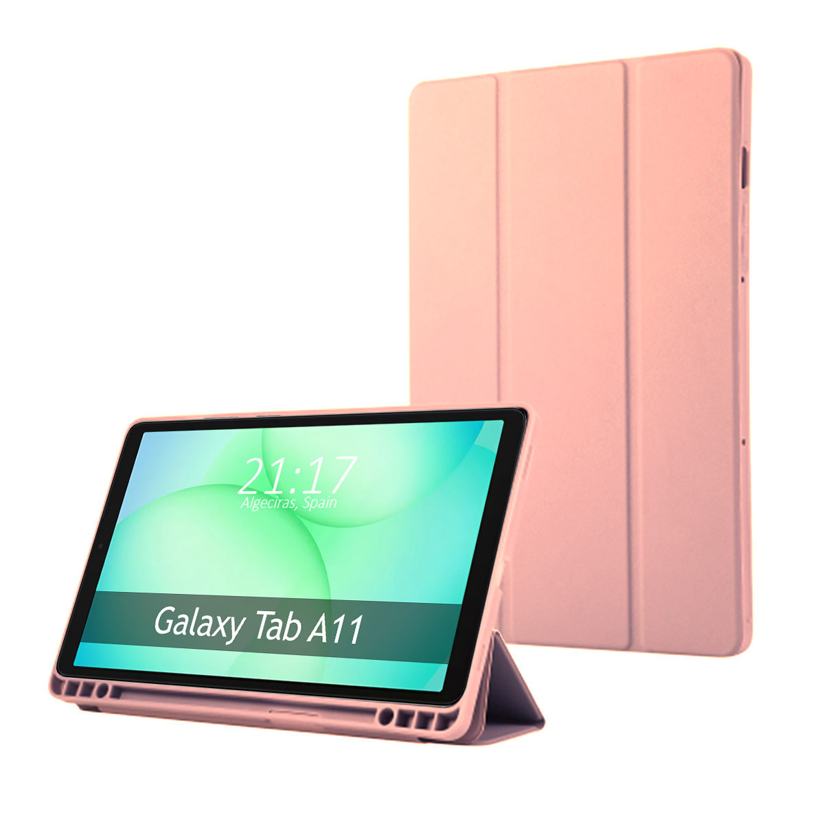 Un tablet Galaxy Tab A11 con una cover rosa è in mostra. Lo schermo mostra l'ora e il luogo. Un'altra cover rosa è in piedi.